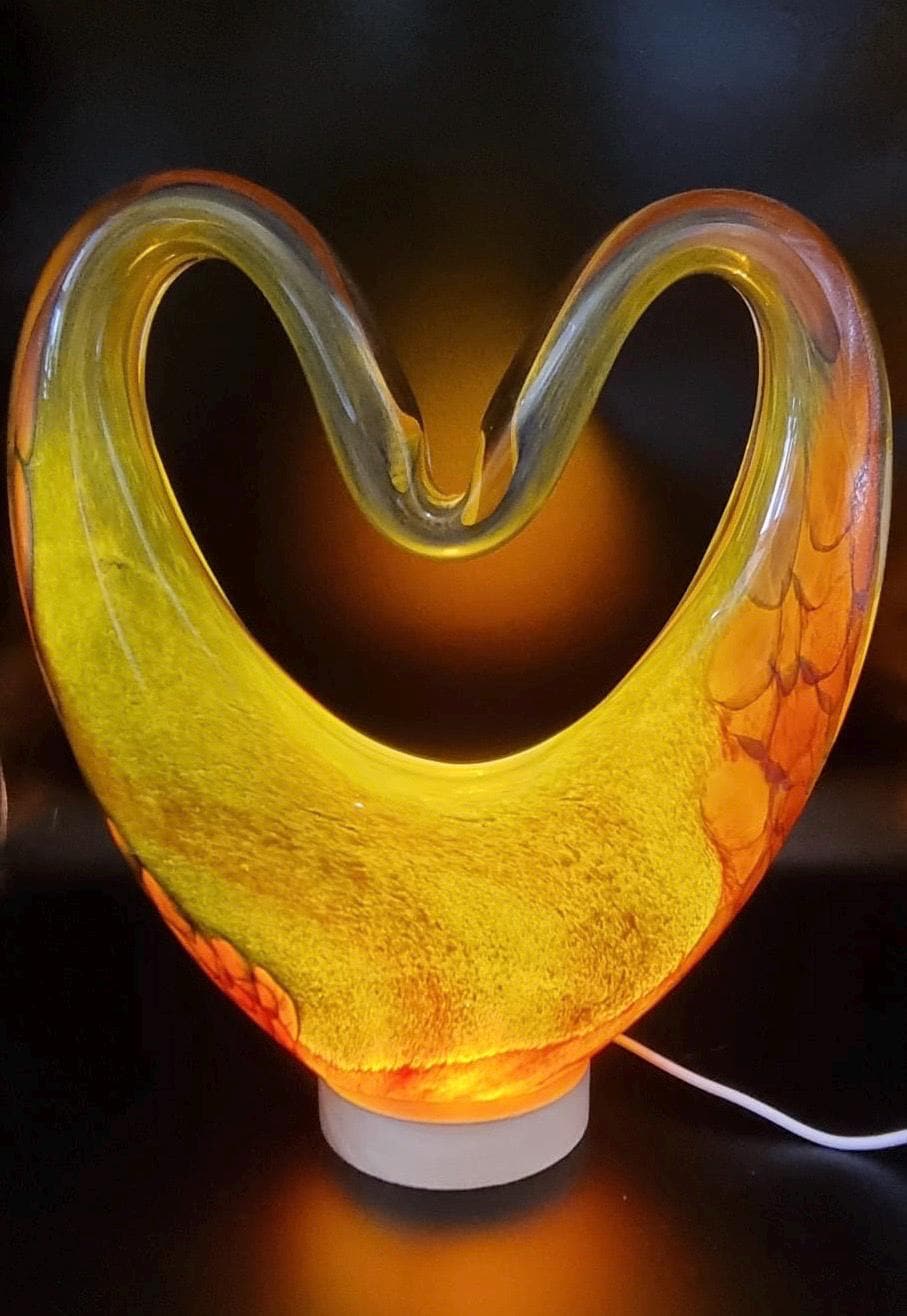 Iridescent Heart Glass Lamp: Handcrafted LED Sculpture - Romantic Home Decor