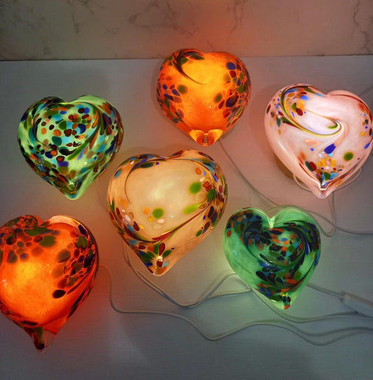 Iridescent Heart Glass Lamp: Handmade LED Mood Light, Romantic Decor