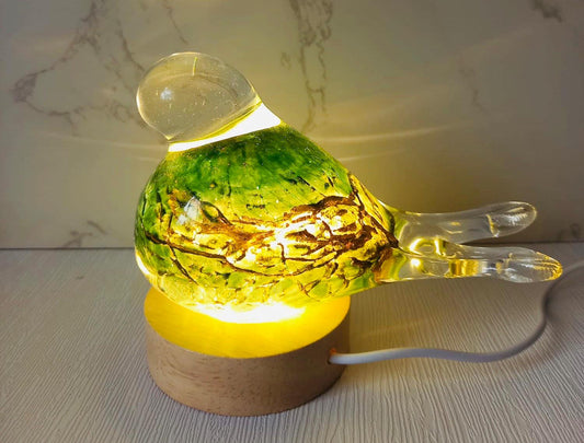 New Arrival / Green Art Glass Bird Lamp – Sculpture Handmade Iridescent LED Home Decor