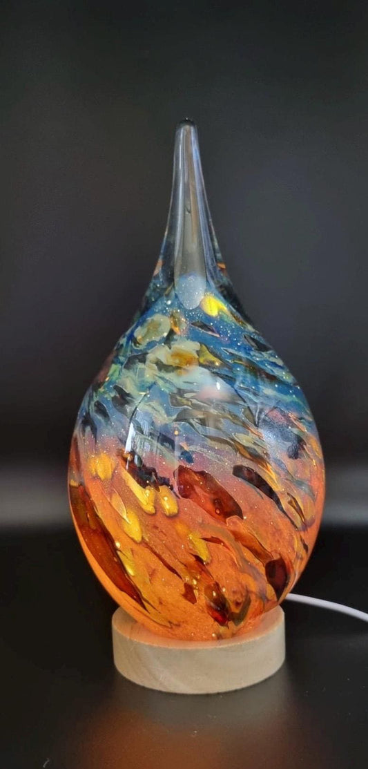 Handblown Glass Teardrop Lamp: Swirl Night Light with Wooden Base