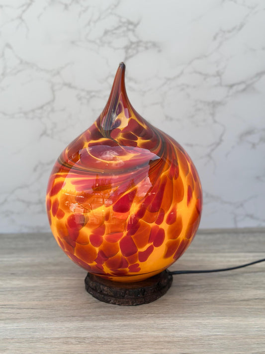 Handcrafted Red Orange Fire Glass Lamp: Artisan Home Decor Light