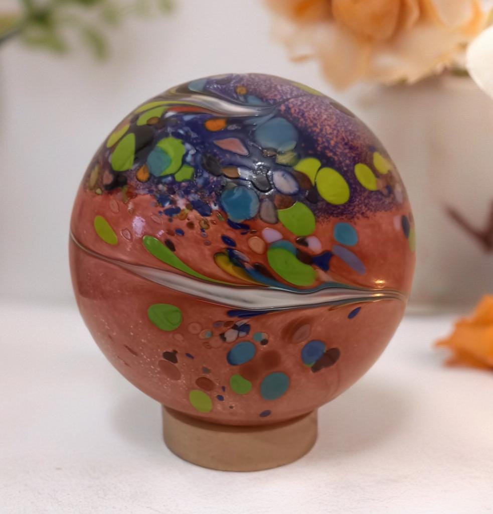 Handcrafted Swirl Glass Sphere Lamp: Golden Amber Ambient Light