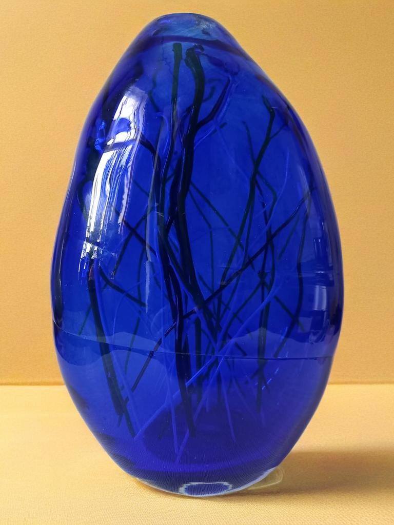 Hand-Blown Iridescent Blue Glass Lamp: LED Sculpture Light