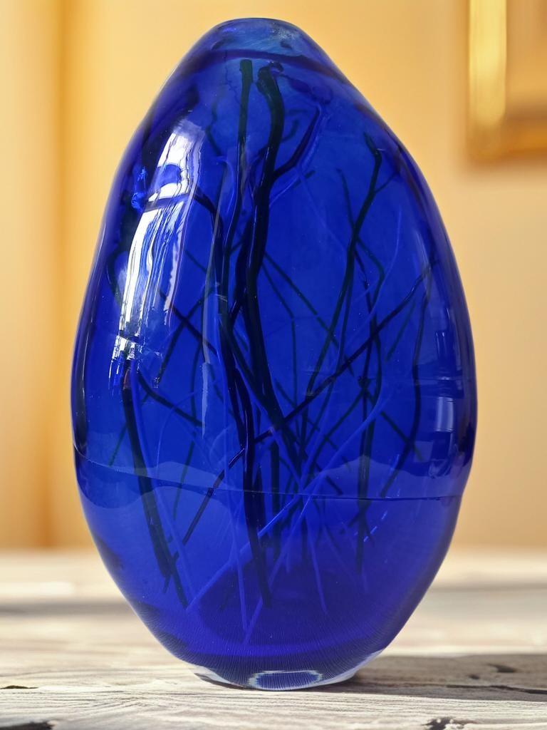 Hand-Blown Iridescent Blue Glass Lamp: LED Sculpture Light
