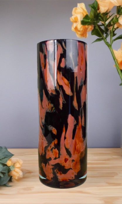 Handmade Mouth Blown Glass Vase: Elegant Flame Design, 32cm Cylinder