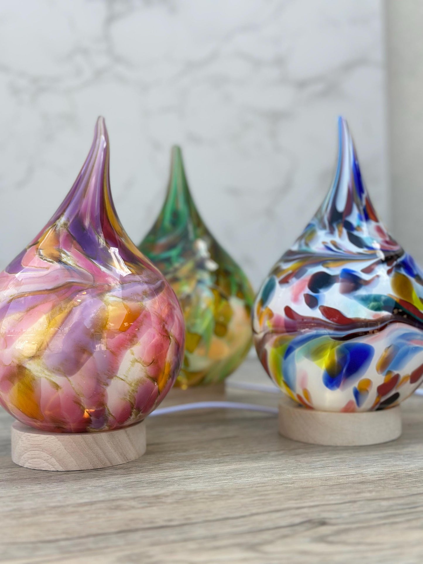Pink Handblown Glass Teardrop Lamp: Colorful Swirl Night Light