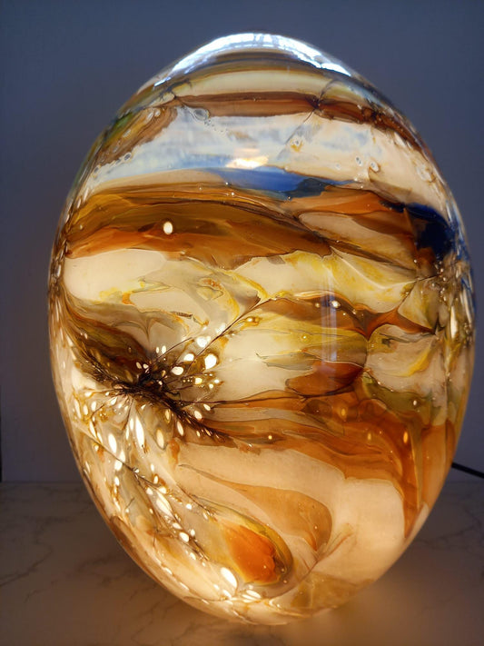 Hand Blown Dinosaur Egg Glass Lamp: Unique LED Sculpture Lamp