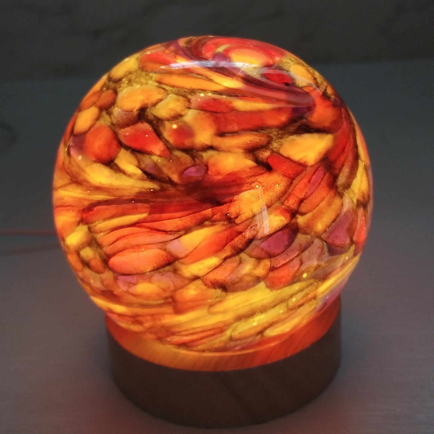 Hand Blown Glass Sphere Lamp: Ambient LED Night Light with Wooden Base, Multiple Colours