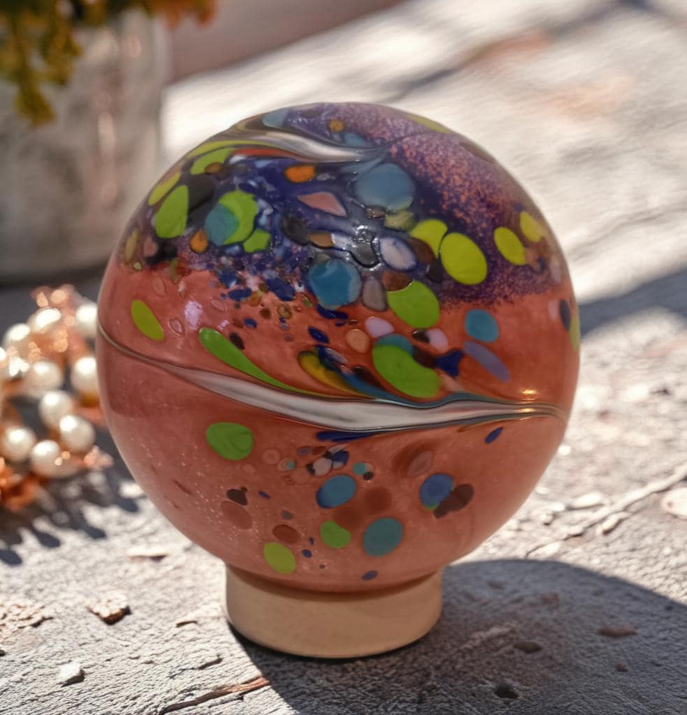 Handcrafted Swirl Glass Sphere Lamp: Golden Amber Ambient Light
