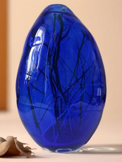 Hand-Blown Iridescent Blue Glass Lamp: LED Sculpture Light