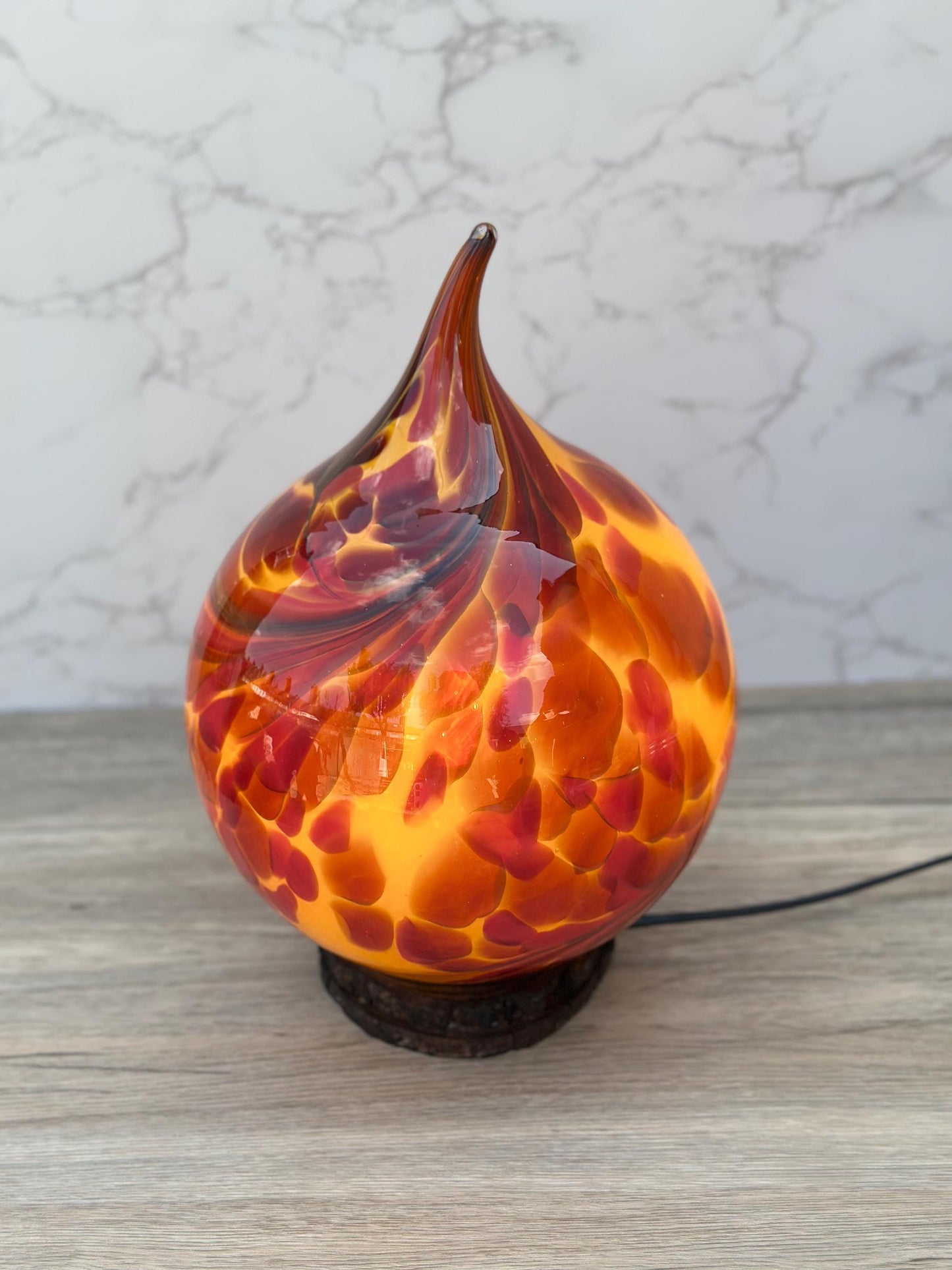 Handcrafted Red Orange Fire Glass Lamp: Artisan Home Decor Light