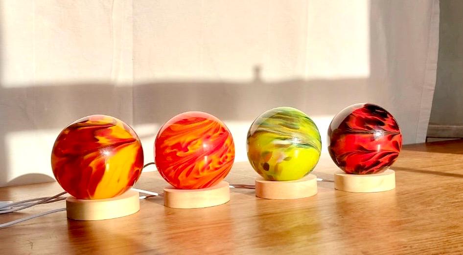 Hand-Blown Red Glass Lamp: Ambient LED Night Light with Wooden Base