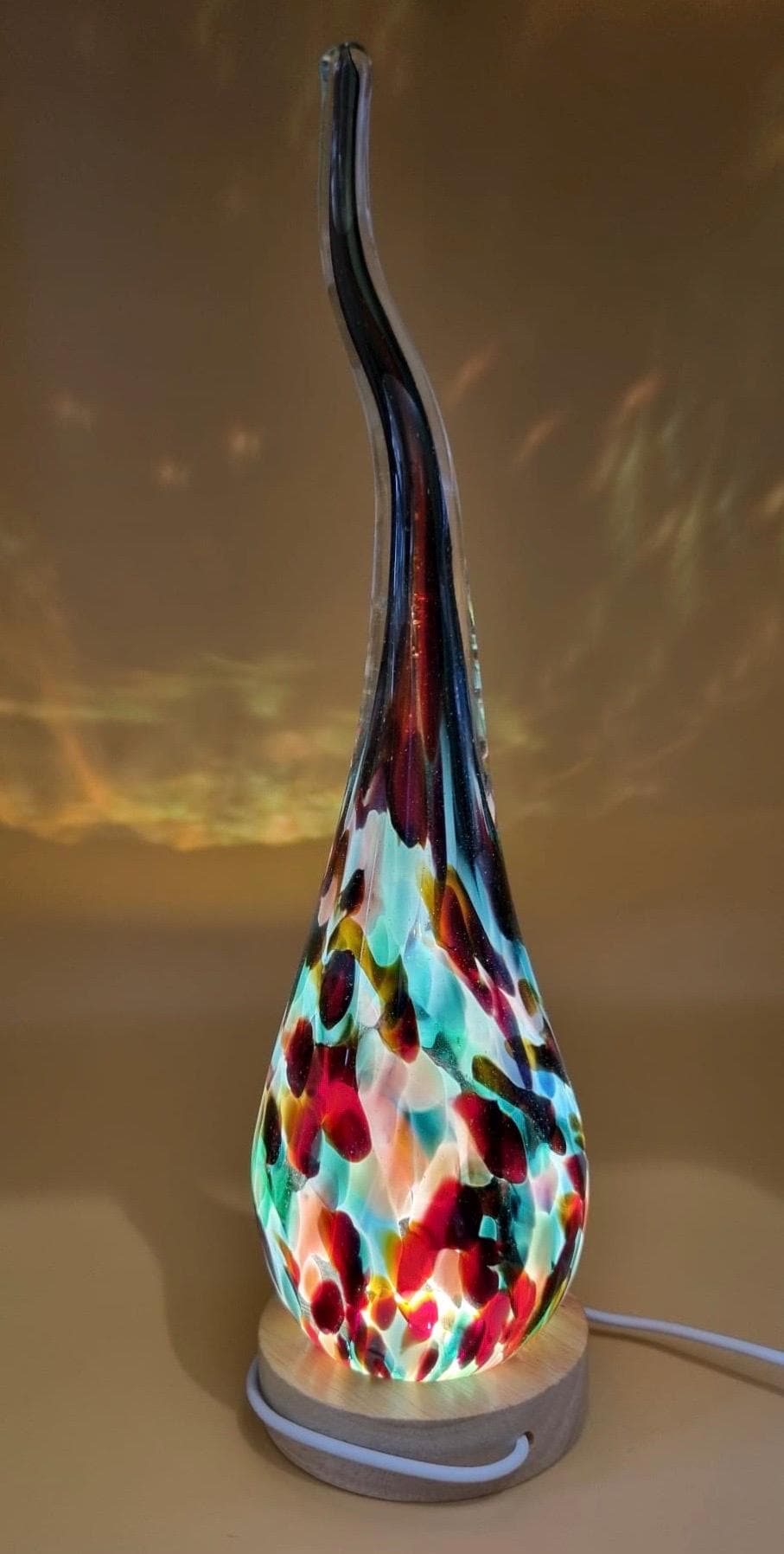 Hand Blown Flame Glass Lamp: LED Ambient Light, Unique Art Decor