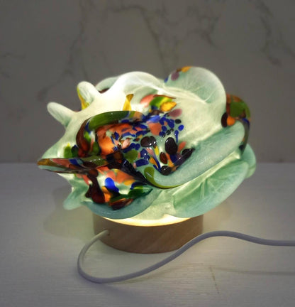 Iridescent Rose Glass Lamp: Hand-Blown LED Sculpture, USB Powered