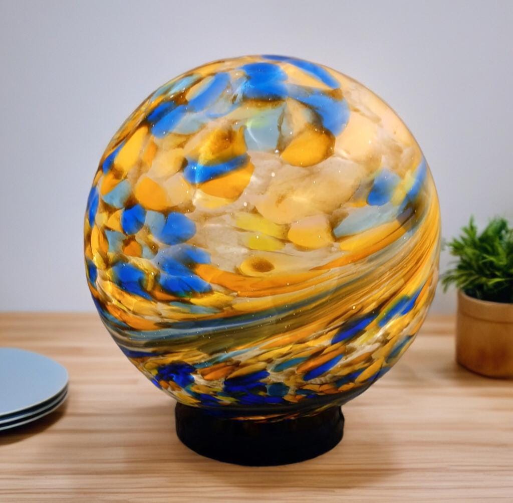Handcrafted Golden Swirl Glass Sphere Lamp: Artisan Ambient Light