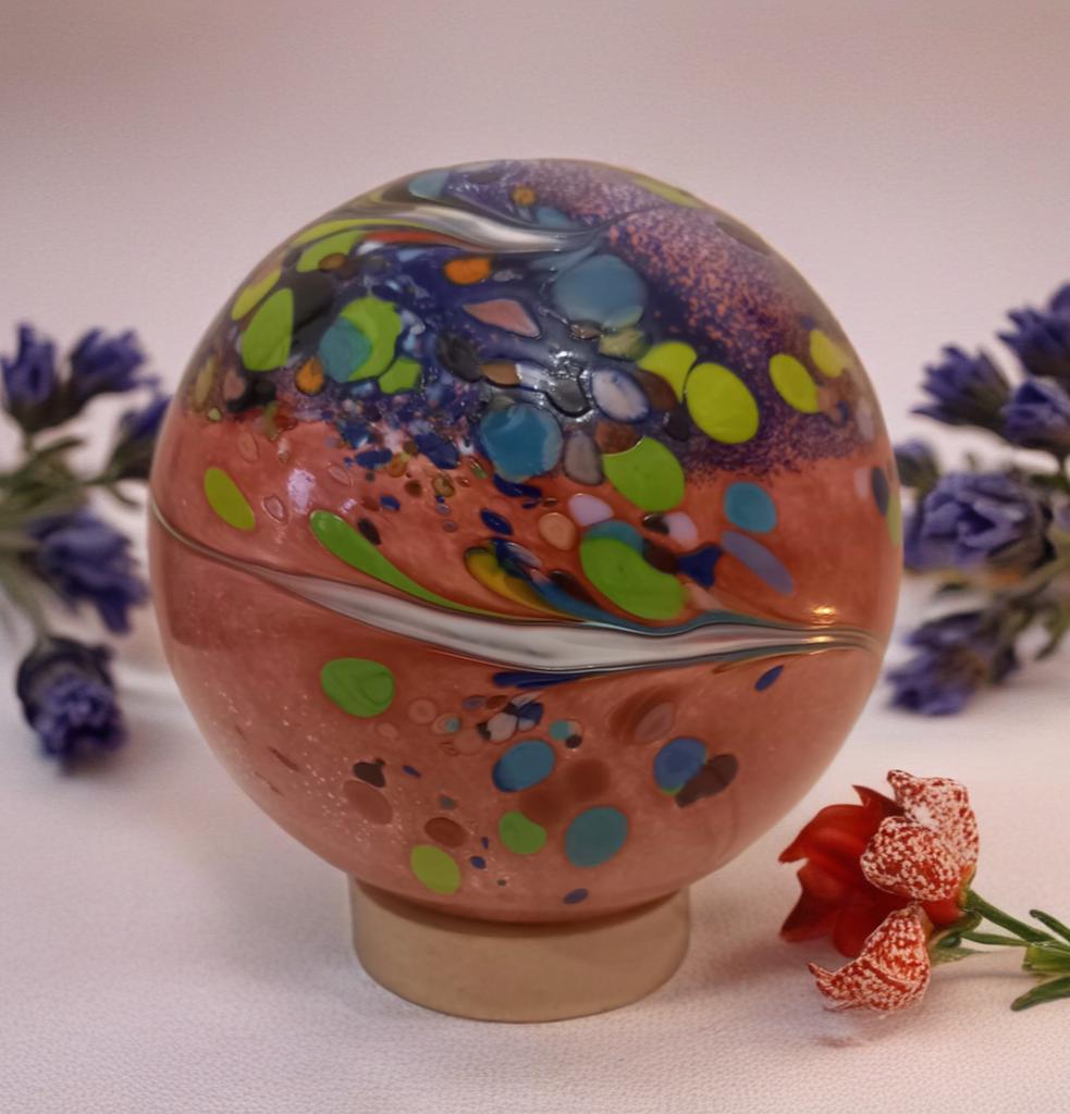 Handcrafted Swirl Glass Sphere Lamp: Golden Amber Ambient Light