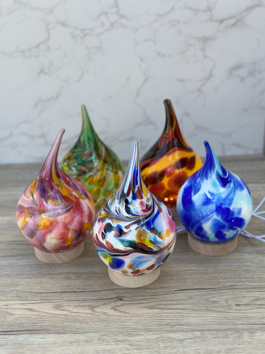 Handblown Blue Glass Teardrop Lamp: Colorful Swirl Night Light