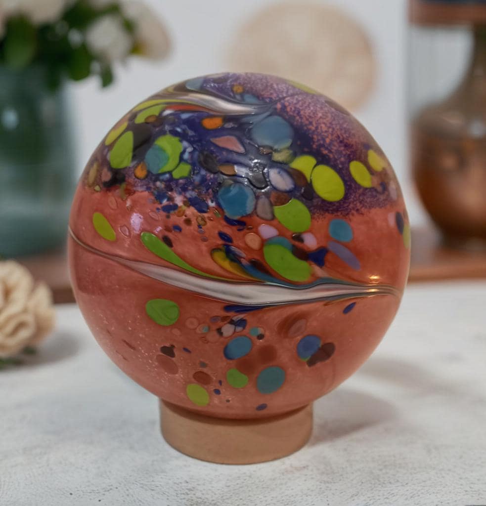 Handcrafted Swirl Glass Sphere Lamp: Golden Amber Ambient Light
