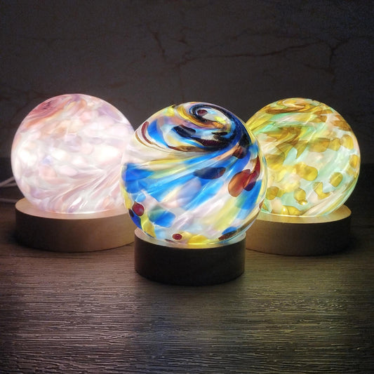 Hand Blown Glass Sphere Lamp: Ambient LED Night Light with Wooden Base, Multiple Colours