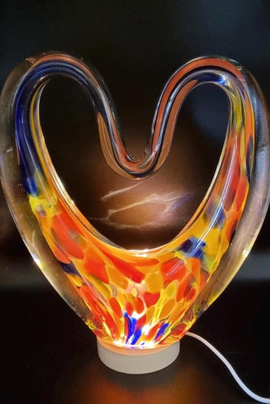 Iridescent Heart Lamp: Hand Blown Glass LED Sculpture, Romantic Home Decor