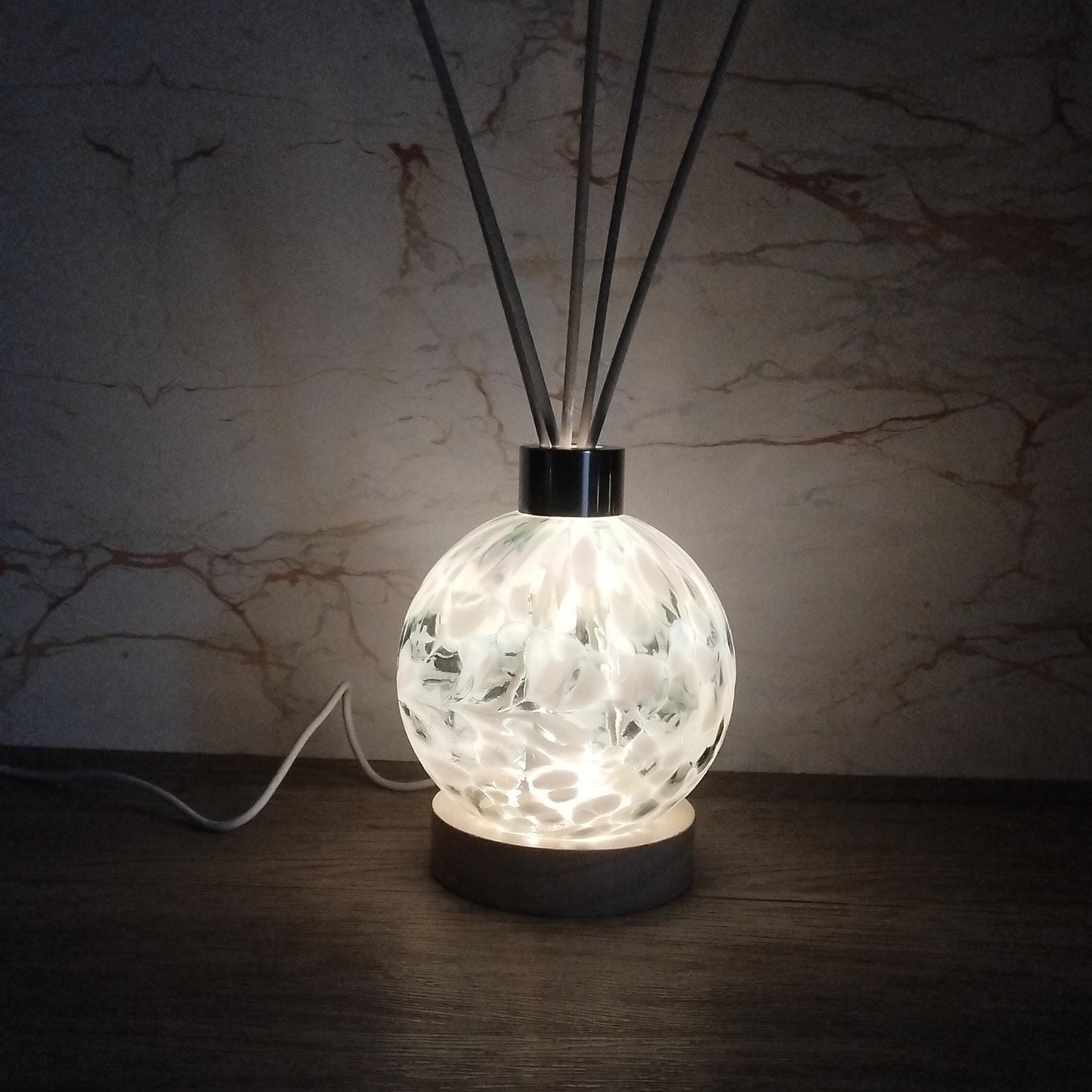 Handcrafted Iridescent Glass Diffuser Lamp with LED Light, Elegant Room Fragrance