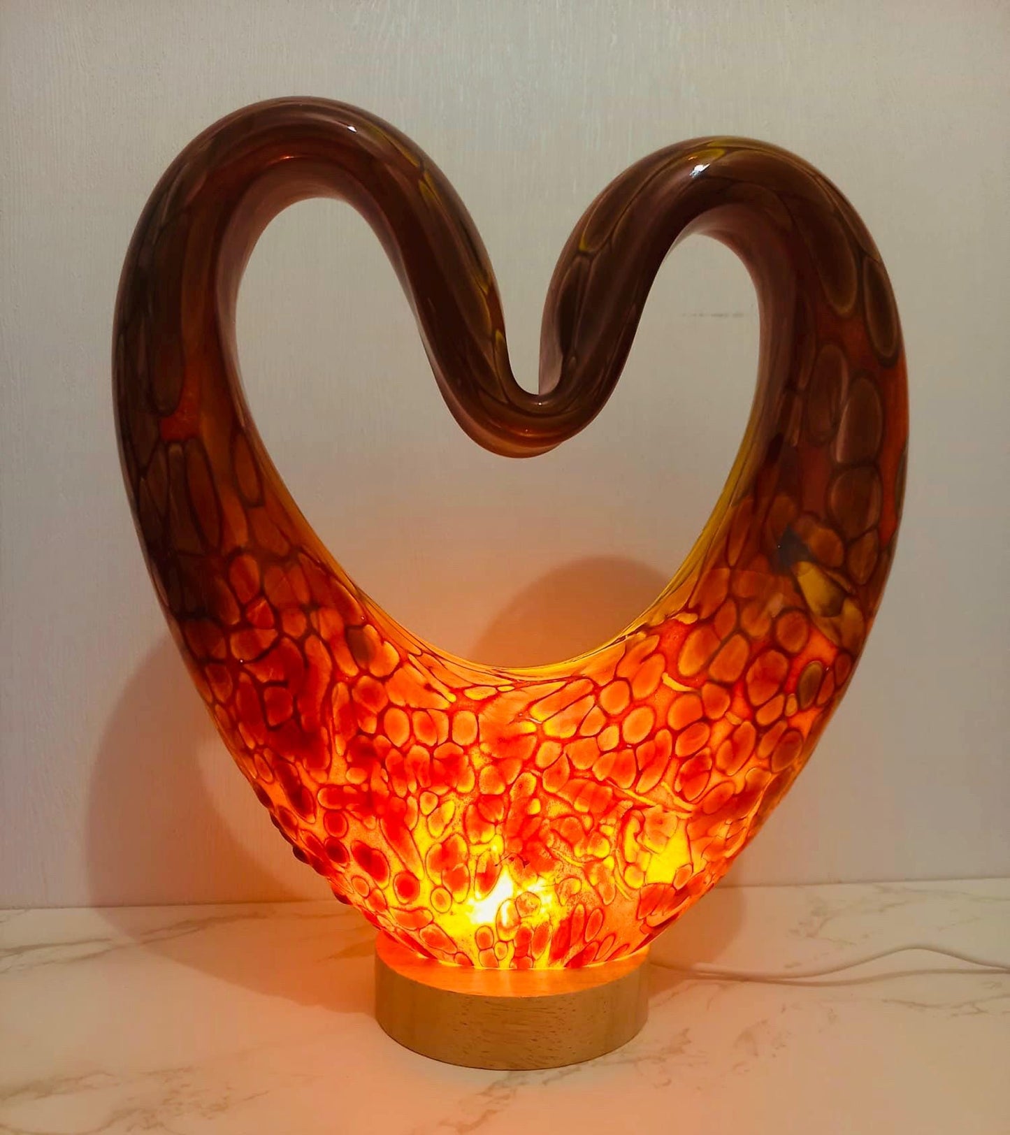 Handcrafted Iridescent Heart Lamp: LED Sculpture Light, Romantic Home Decor