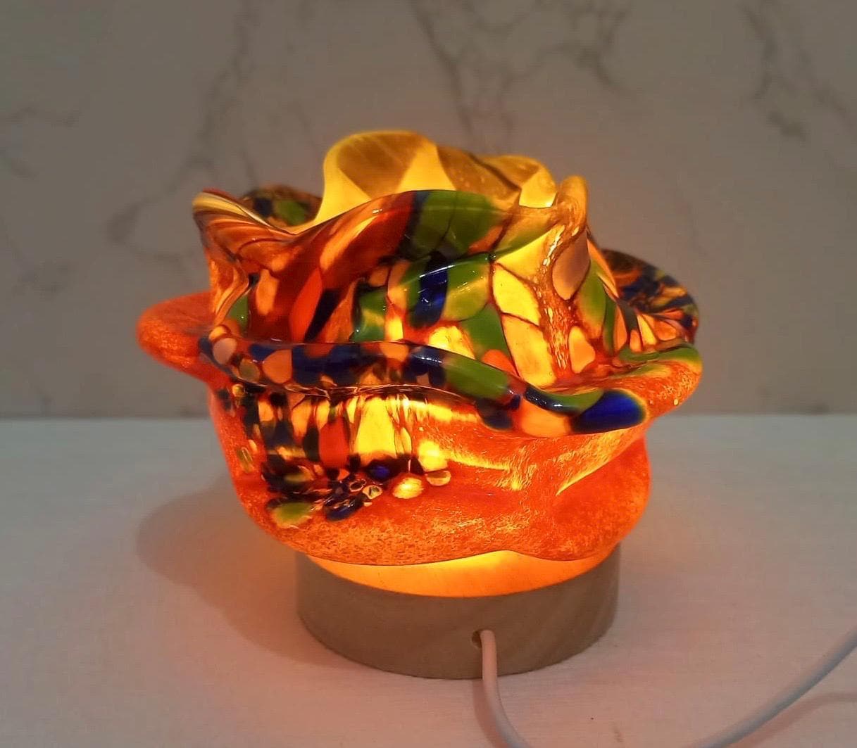 Iridescent Rose Glass Lamp: Hand-Blown LED Sculpture, USB Powered