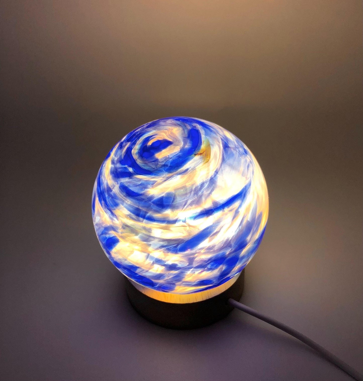 Hand Blown Glass Sphere Lamp: Ambient LED Night Light with Wooden Base, Multiple Colours