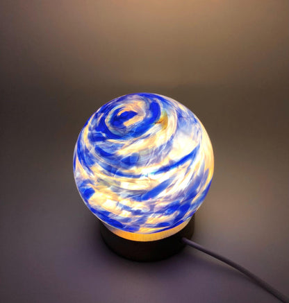 Hand Blown Glass Sphere Lamp: Ambient LED Night Light with Wooden Base, Multiple Colours