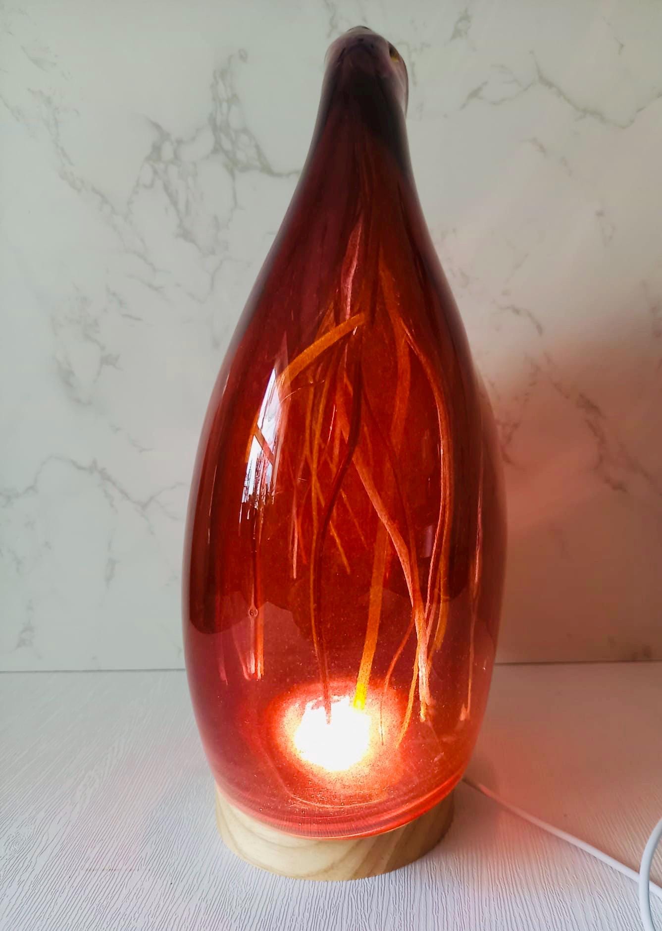 Hand Blown Iridescent Art Glass Lamp: LED Sculpture Light