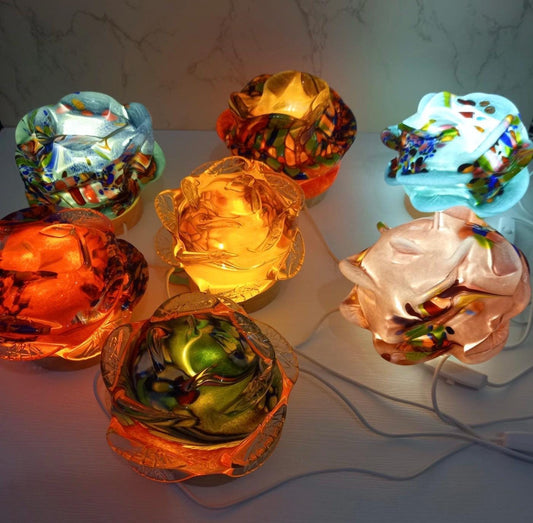Iridescent Rose Glass Lamp: Hand-Blown LED Sculpture, USB Powered
