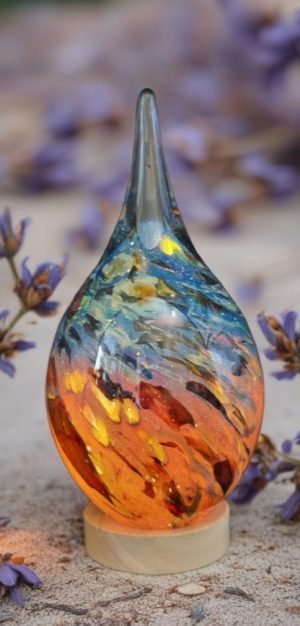 Handblown Glass Teardrop Lamp: Swirl Night Light with Wooden Base