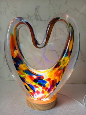 Iridescent Heart Lamp: Handcrafted Glass Sculpture with LED Glow