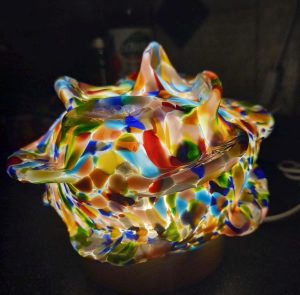 Iridescent Rose Glass Lamp: Hand-Blown LED Sculpture, USB Powered