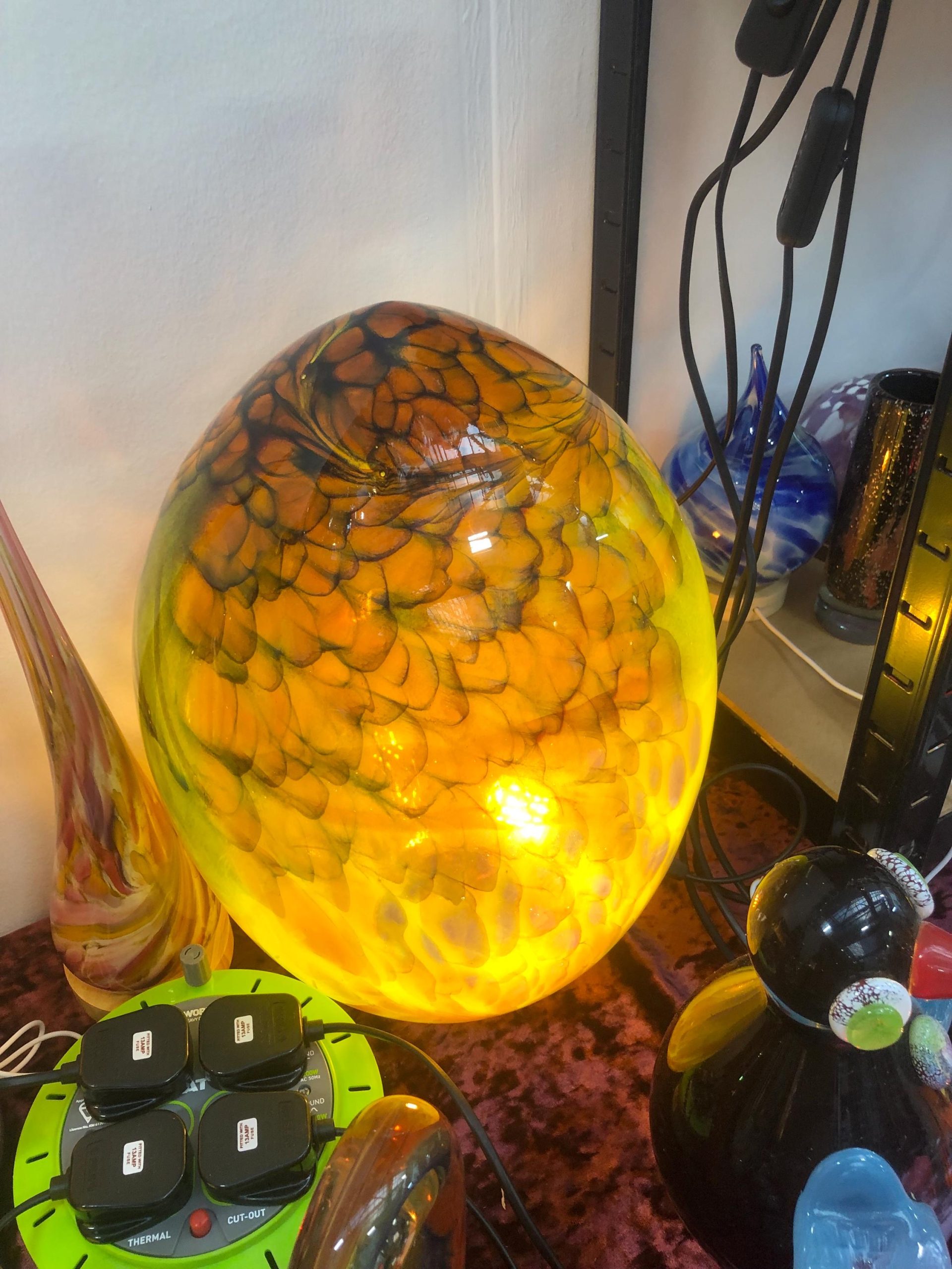 Giant Hand Blown Glass Dinosaur Egg Lamp: Art Deco Table Lamp