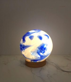 12cm Hand Blown Glass Sphere Lamp: LED Ambient Night Light with Wood Base